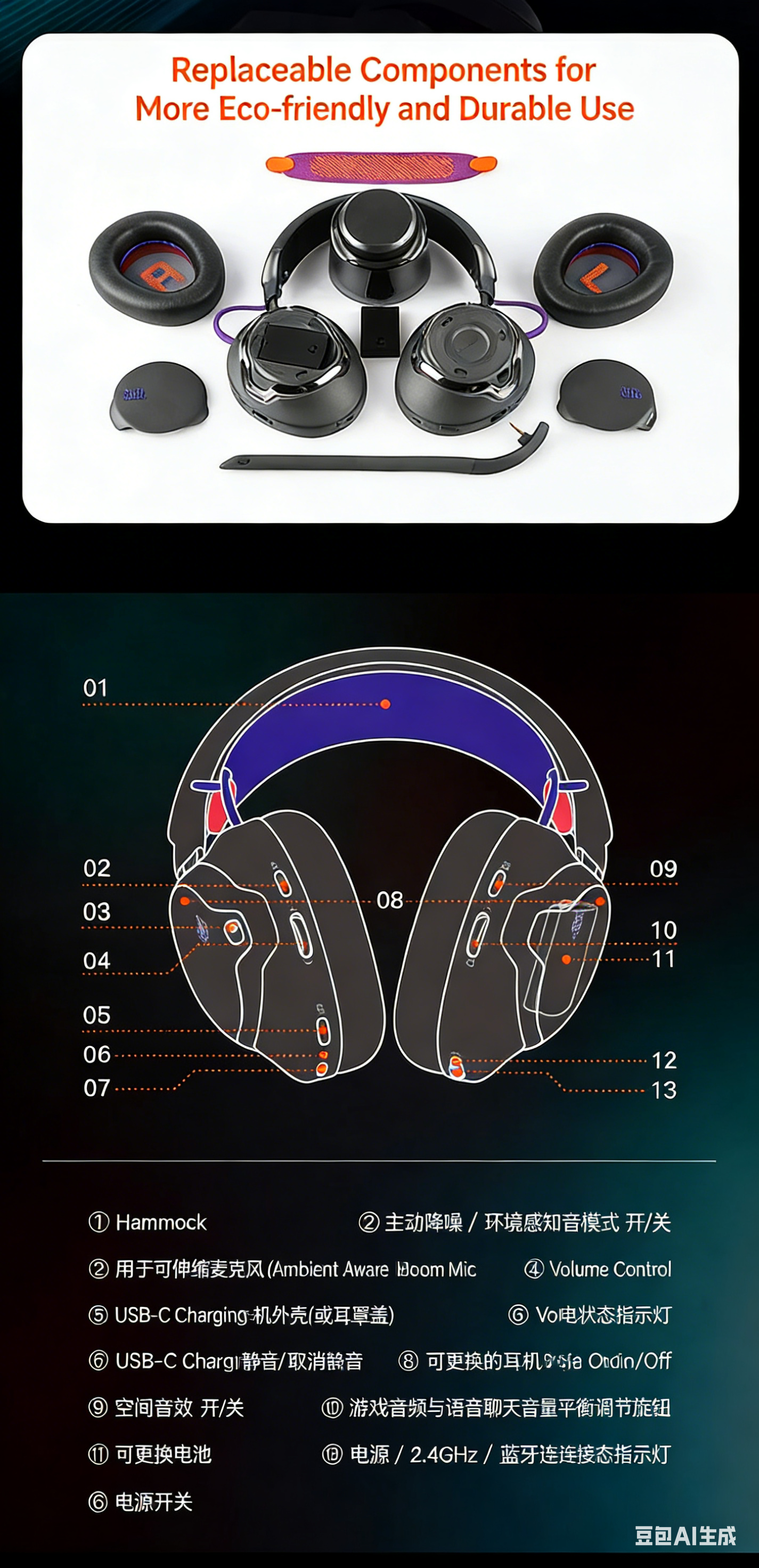 Head-mounted noise-cancelling wireless Bluetooth earphones
