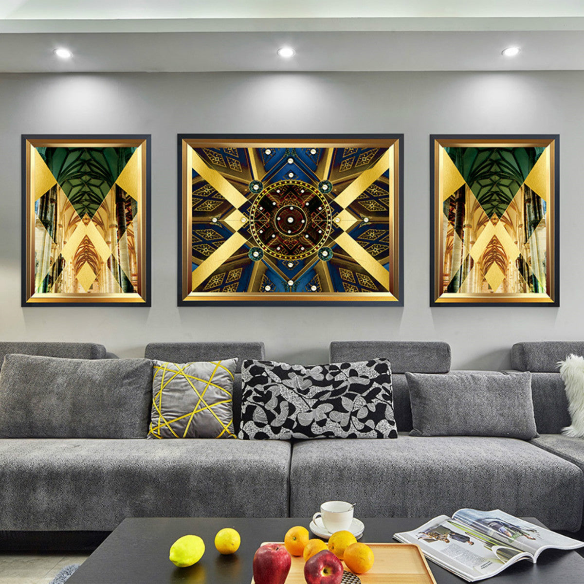 Luxurious golden living room with hanging paintings