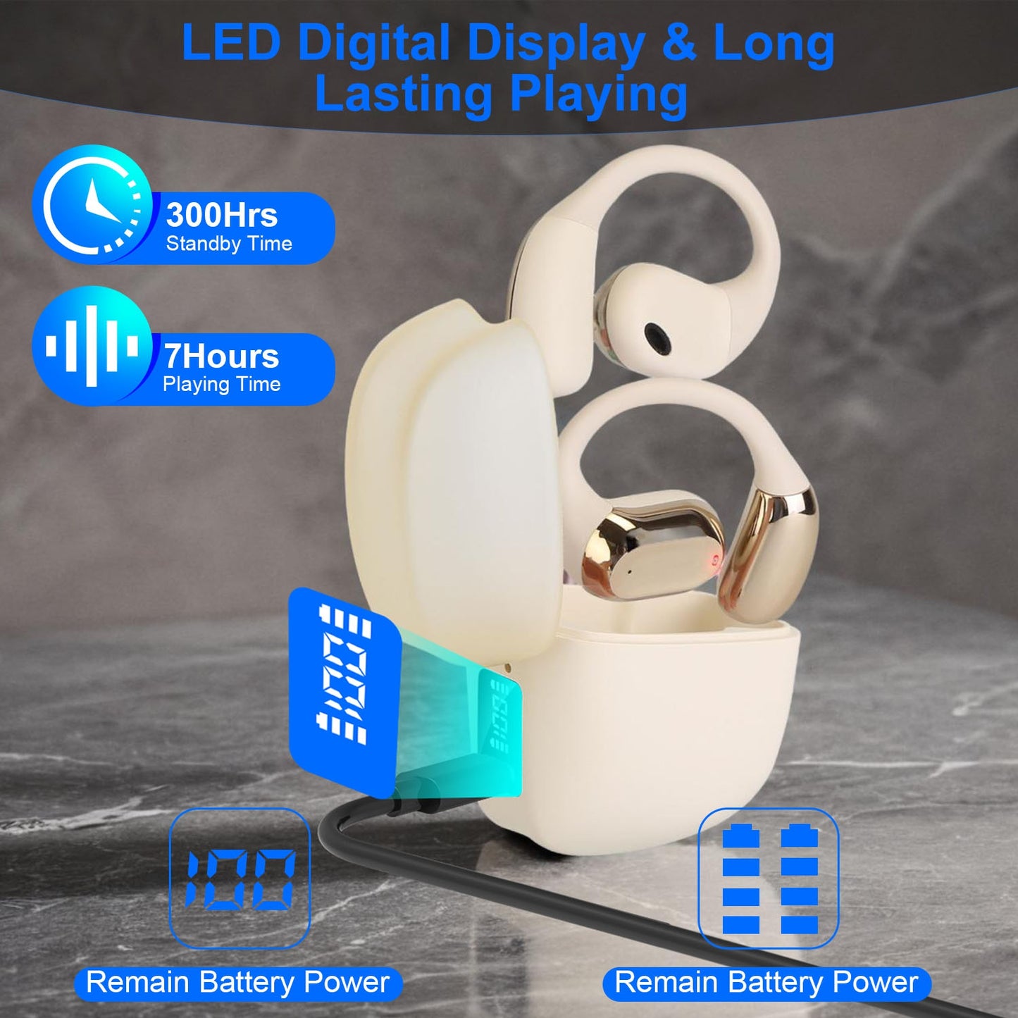 1 Set Wireless V5.4 Open Ear Earbuds With Earhook LED Display Charging Case IPX5 Waterproof 300Hrs Standby Time Touch Control Stereo Sport Headphones For Workout Running