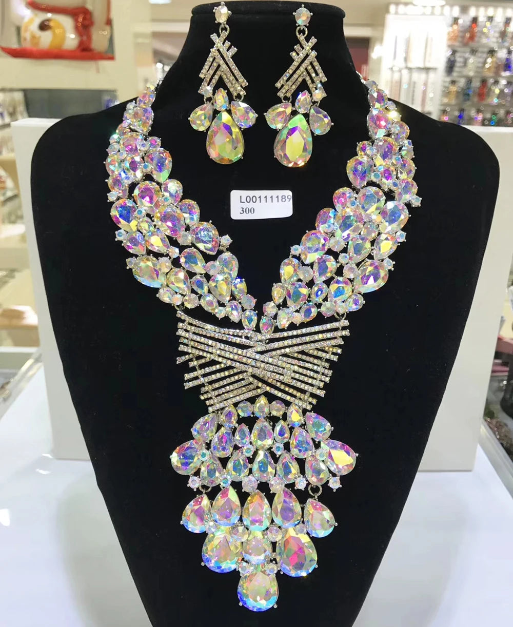 Jewelry Sets Multicolor Bridal Wedding Big Crystal Dubai Gold Color Jewelry Sets For Women Necklace Earrings