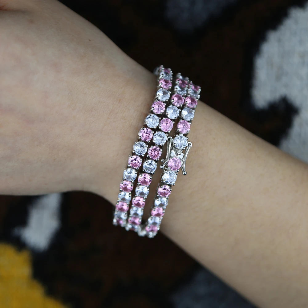 Pink Crystal 1 Row Tennis Chain Hip Hop Men Women Necklace Icd Out