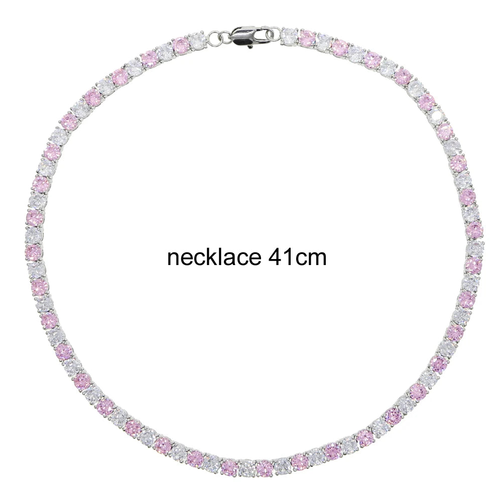 Pink Crystal 1 Row Tennis Chain Hip Hop Men Women Necklace Icd Out