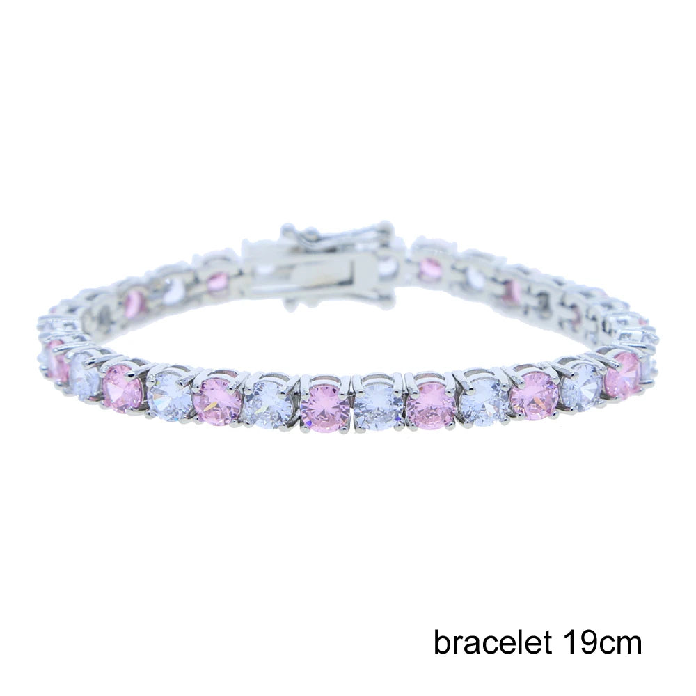 Pink Crystal 1 Row Tennis Chain Hip Hop Men Women Necklace Icd Out