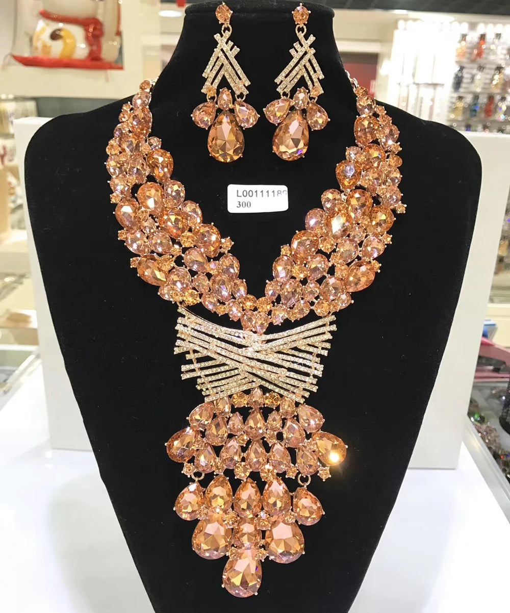 Jewelry Sets Multicolor Bridal Wedding Big Crystal Dubai Gold Color Jewelry Sets For Women Necklace Earrings