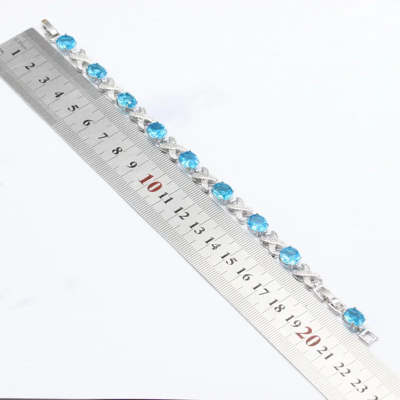 Silver 925 Oval Australia Blue Opal Jewelry Sets For Women Necklace Pendant Earrings Rings Bracelets