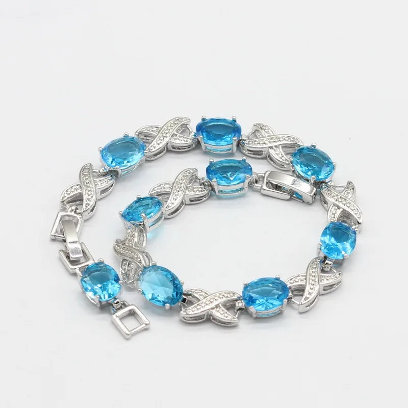 Silver 925 Oval Australia Blue Opal Jewelry Sets For Women Necklace Pendant Earrings Rings Bracelets