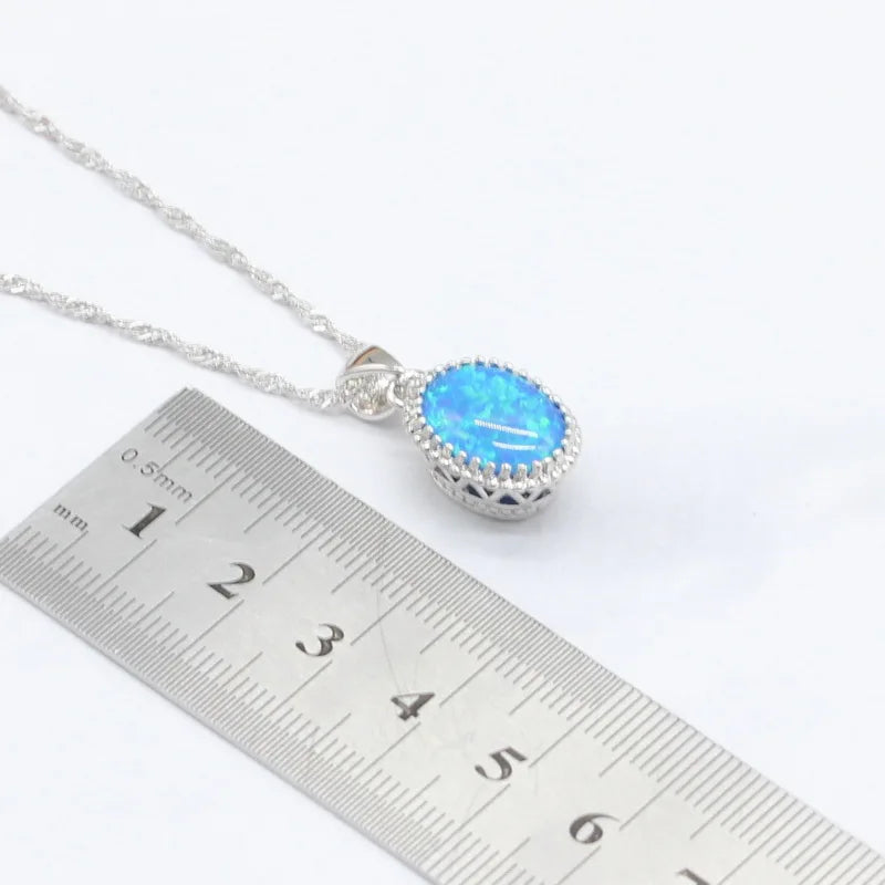 Silver 925 Oval Australia Blue Opal Jewelry Sets For Women Necklace Pendant Earrings Rings Bracelets