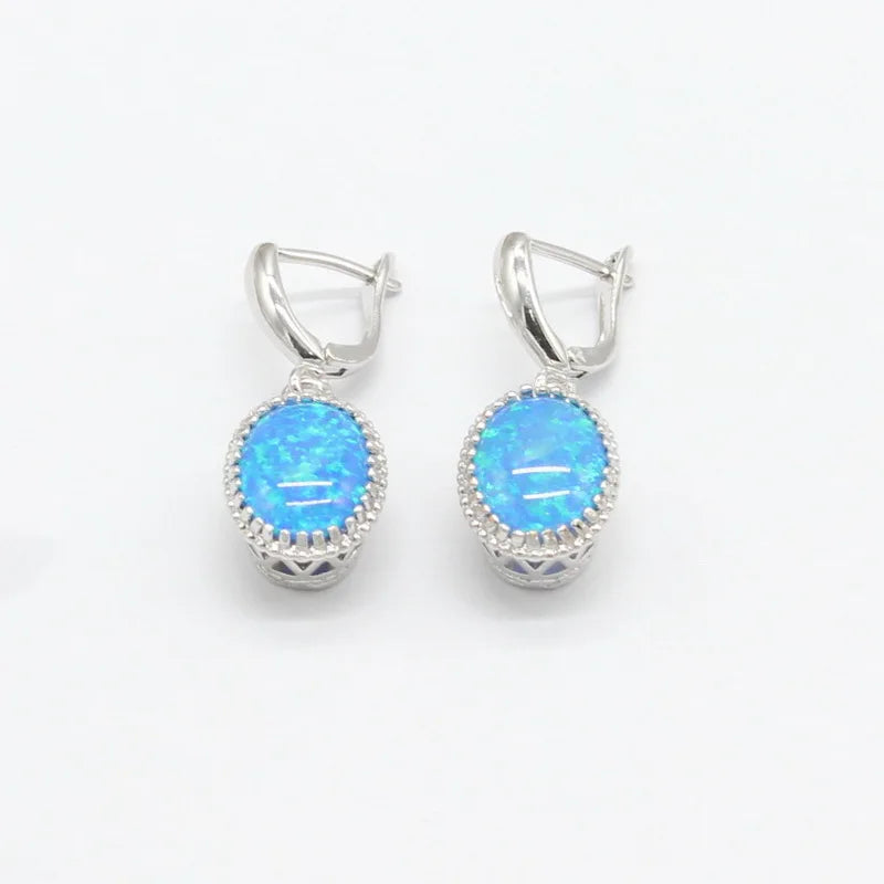 Silver 925 Oval Australia Blue Opal Jewelry Sets For Women Necklace Pendant Earrings Rings Bracelets