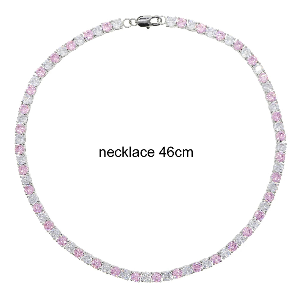 Pink Crystal 1 Row Tennis Chain Hip Hop Men Women Necklace Icd Out
