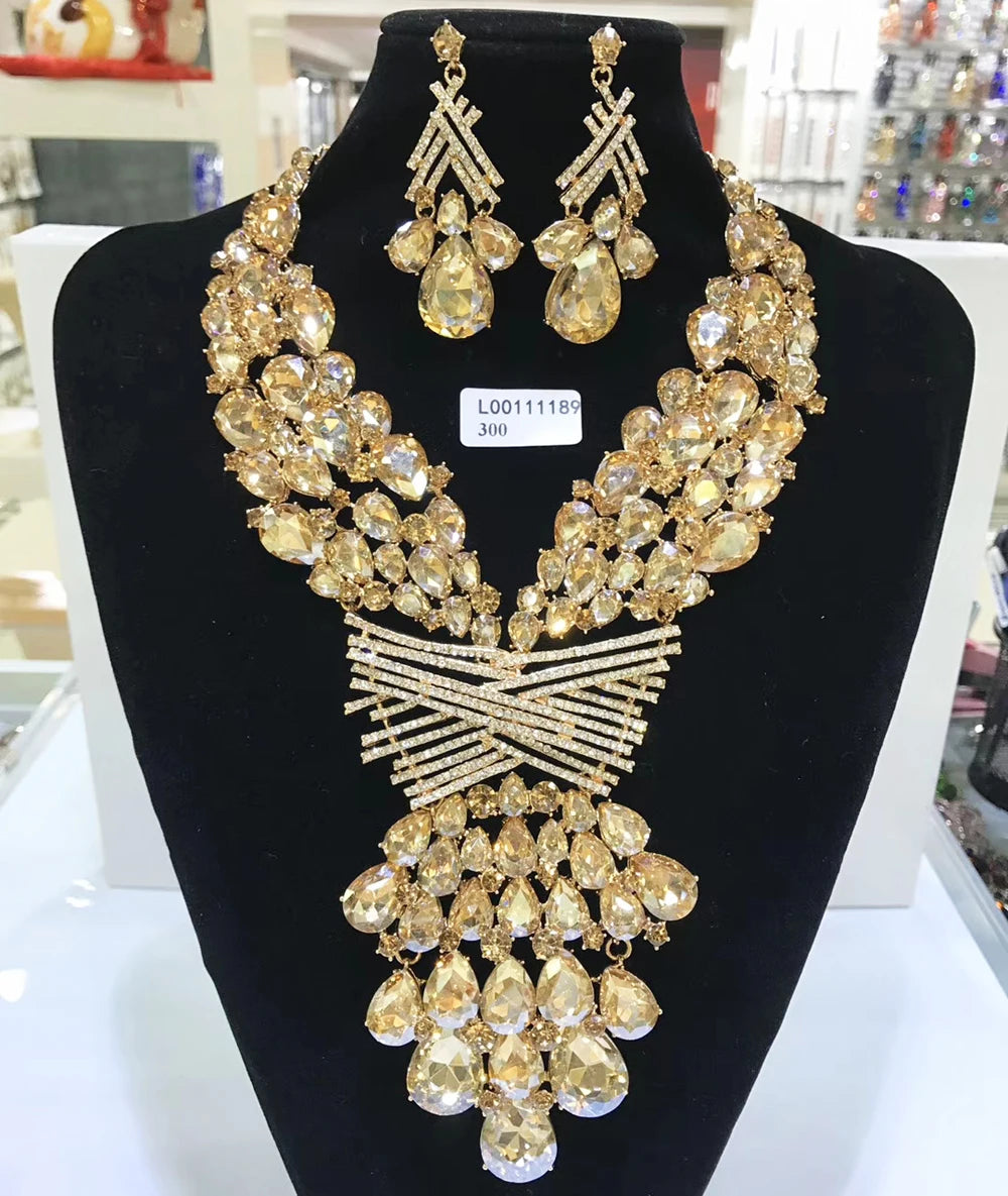 Jewelry Sets Multicolor Bridal Wedding Big Crystal Dubai Gold Color Jewelry Sets For Women Necklace Earrings
