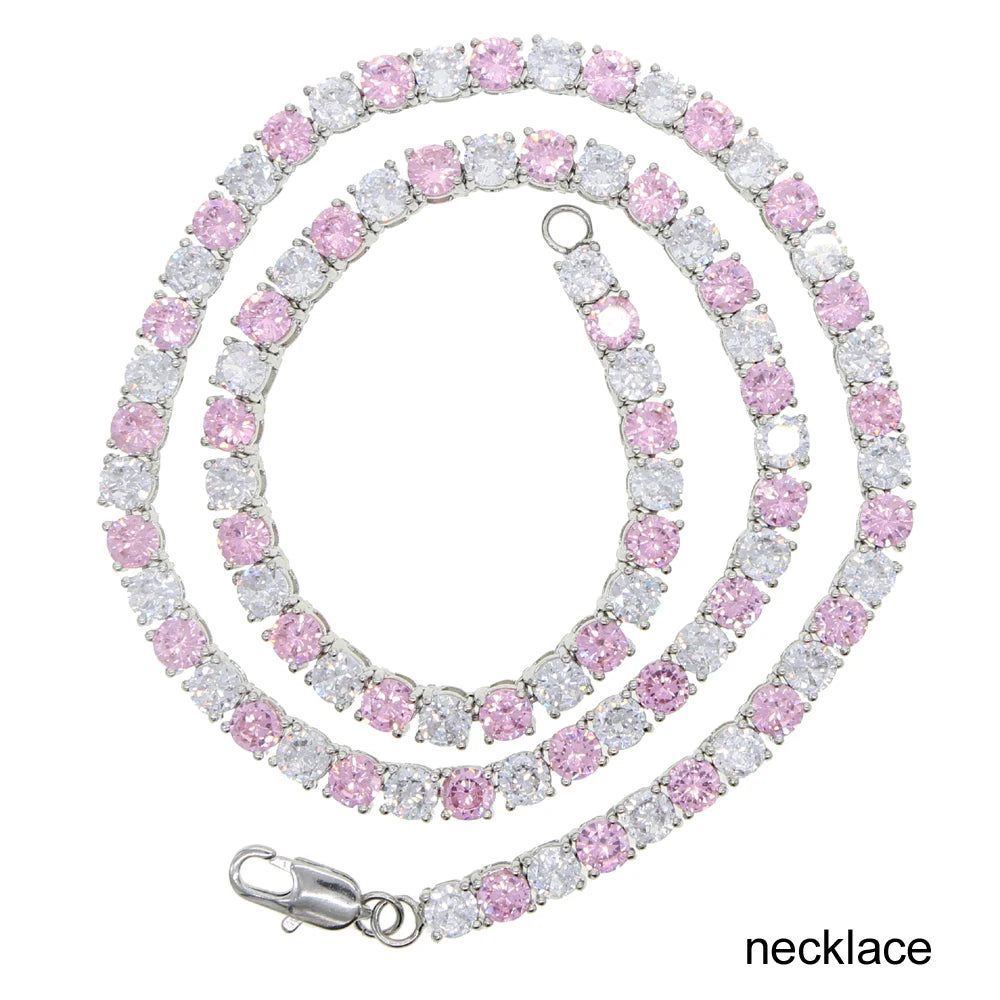 Pink Crystal 1 Row Tennis Chain Hip Hop Men Women Necklace Icd Out