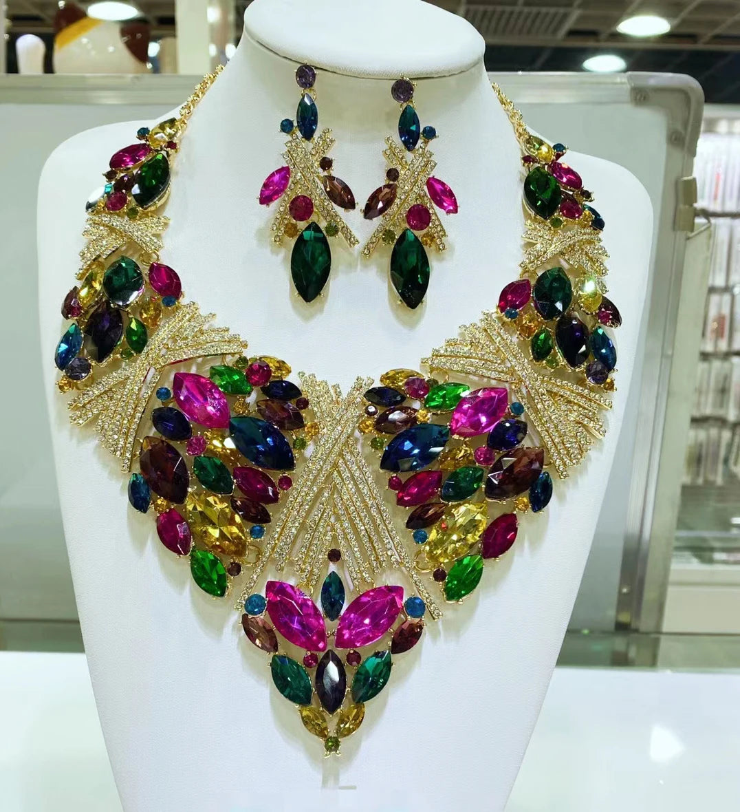Jewelry Sets Multicolor Bridal Wedding Big Crystal Dubai Gold Color Jewelry Sets For Women Necklace Earrings