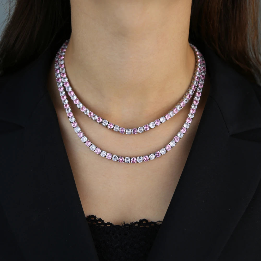 Pink Crystal 1 Row Tennis Chain Hip Hop Men Women Necklace Icd Out