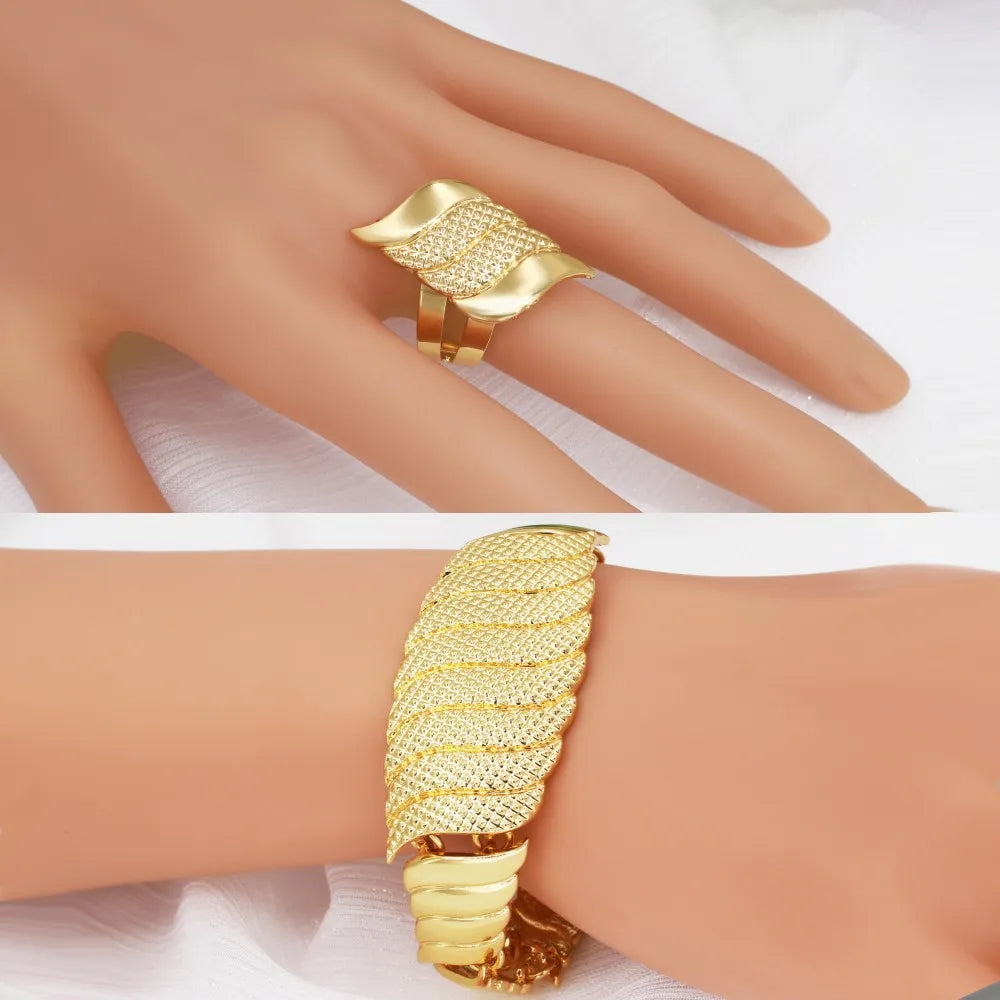 GZJPEI Three Tone Jewelry Set Africal Dubai Women Necklace Wide Bracelet Earrings Ring For Bridal Wedding Jewellery Gifts