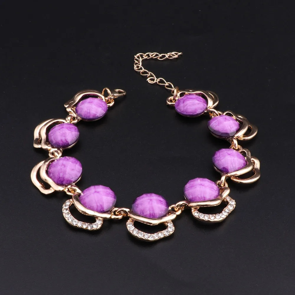 Gold Plated Jewelry Set Vintage Women Necklace Earrings Purple Resin Bracelet And Ring 2024 New Design