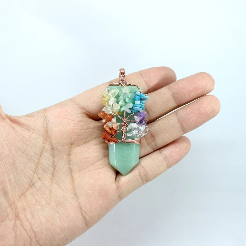 Natural Stone Pendant 7 Chakras Tree Of Life Wire Wrap Sword Crystal Quartz For Jewelry Making Men Women Necklace Accessories