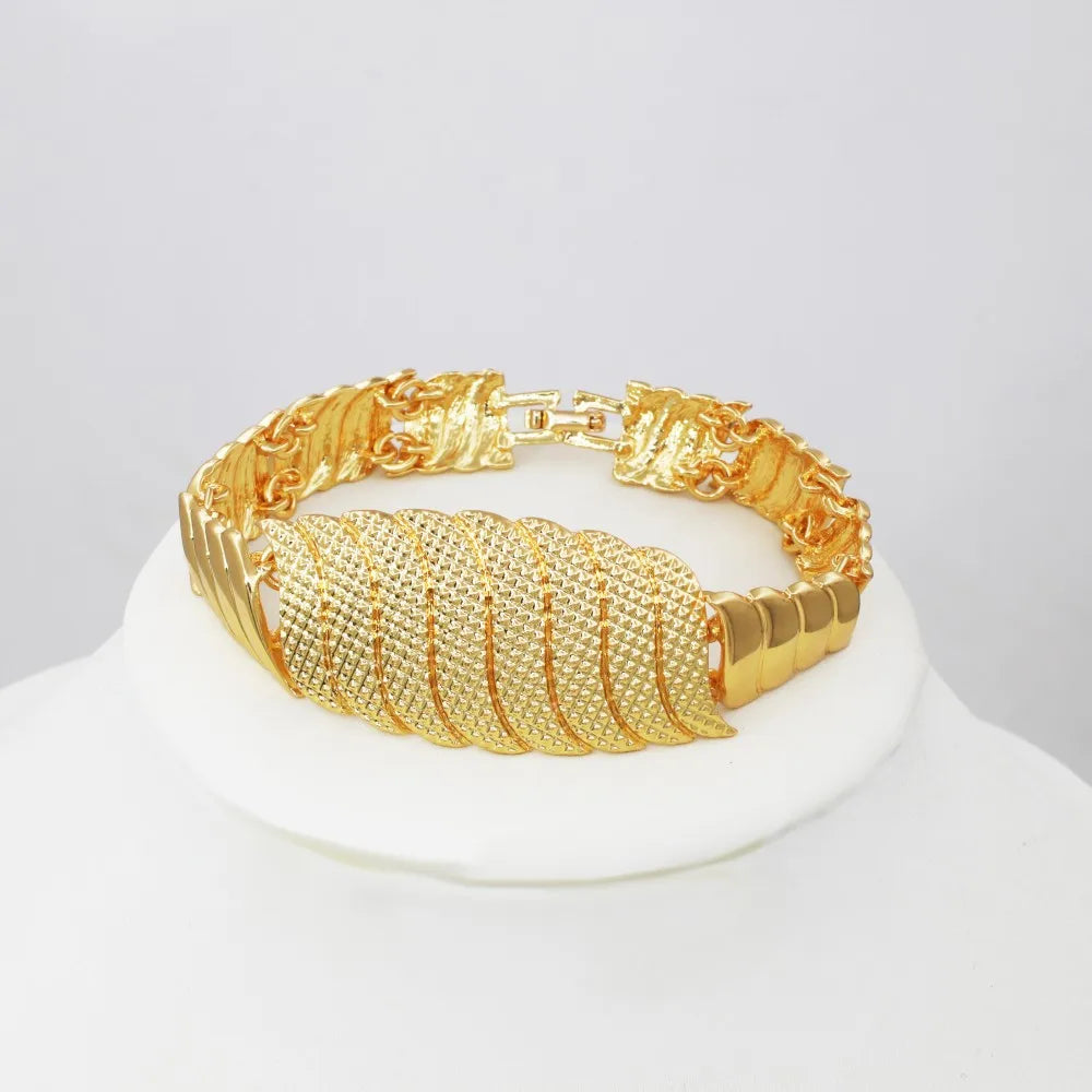 GZJPEI Three Tone Jewelry Set Africal Dubai Women Necklace Wide Bracelet Earrings Ring For Bridal Wedding Jewellery Gifts