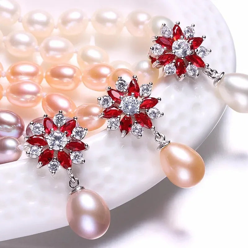 Beautiful Red Flower 925 Sterling Silver Pearl Necklace,White/Pink/Purple Natural Freshwater Pearl,Fine Jewelry Women Necklace