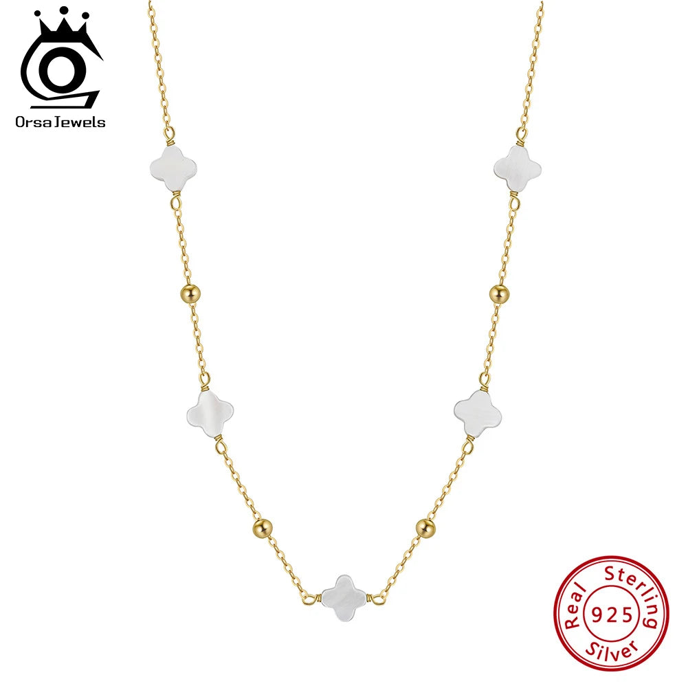 ORSA JEWELS 14K Gold Plated 925 Sterling Silver Shell Cable Chain Choker Four Leaf Clover Women Necklace Jewelry Wholesale GMN58