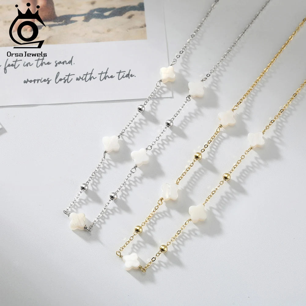 ORSA JEWELS 14K Gold Plated 925 Sterling Silver Shell Cable Chain Choker Four Leaf Clover Women Necklace Jewelry Wholesale GMN58