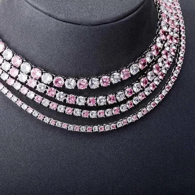 Pink Crystal 1 Row Tennis Chain Hip Hop Men Women Necklace Icd Out