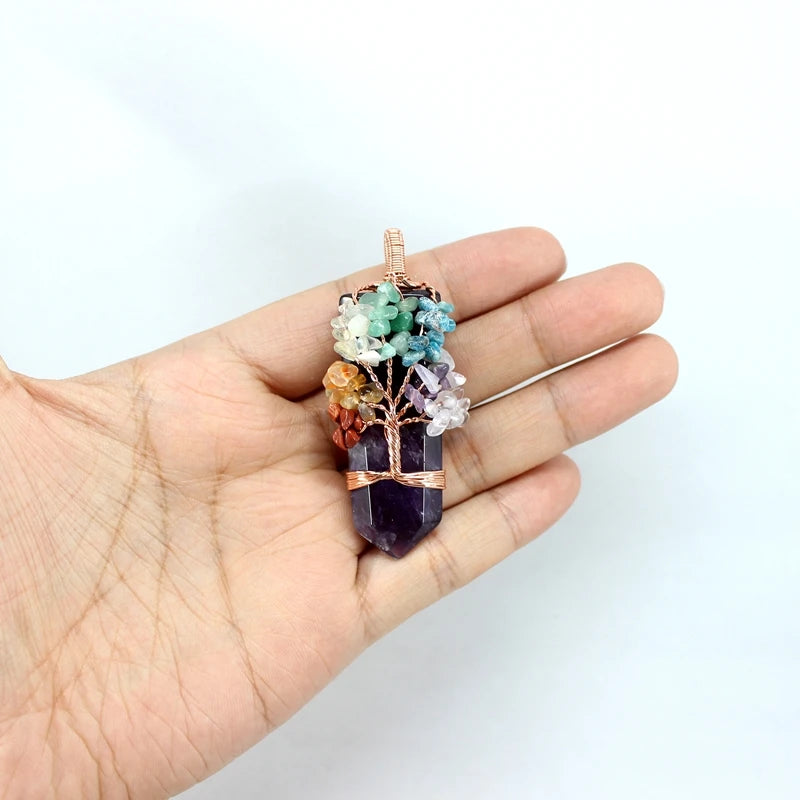 Natural Stone Pendant 7 Chakras Tree Of Life Wire Wrap Sword Crystal Quartz For Jewelry Making Men Women Necklace Accessories