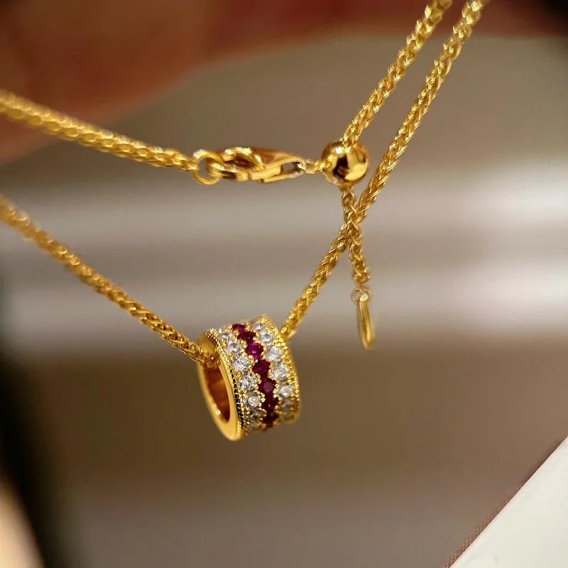 Light luxury High quality color surround ruby three row diamond rings for women necklace fashion wedding retro jewelry sets