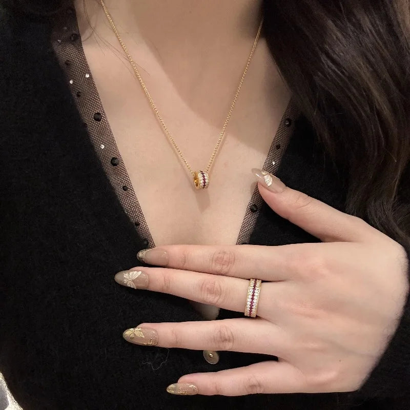 Light luxury High quality color surround ruby three row diamond rings for women necklace fashion wedding retro jewelry sets