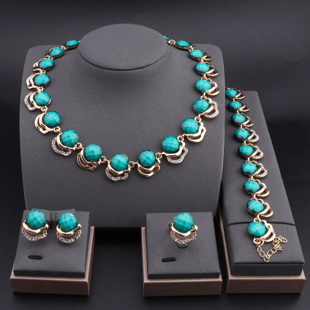 Gold Plated Jewelry Set Vintage Women Necklace Earrings Purple Resin Bracelet And Ring 2024 New Design
