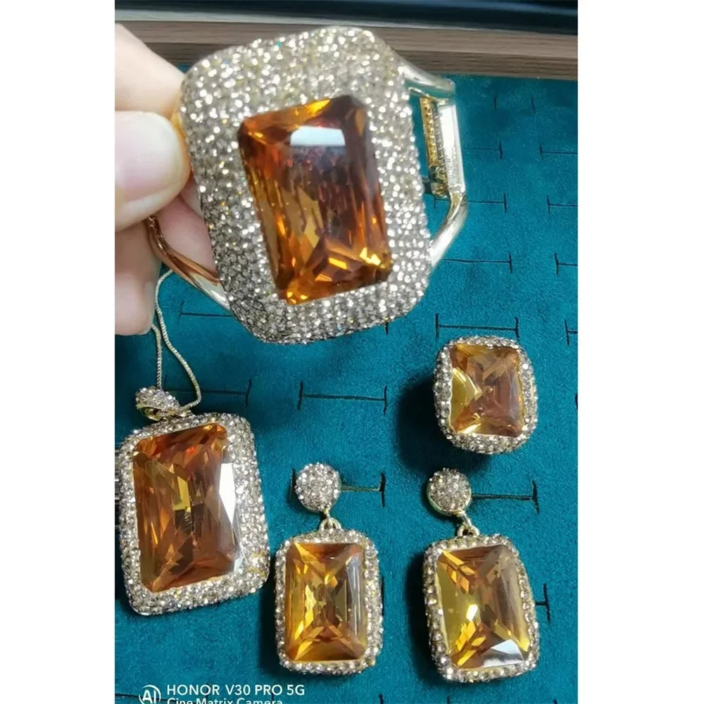 Large Colored Change Sultanite Crystal Bangle Rings Sets for Women Necklace Earring Rings Golden Copper Zultanite Quartz Jewelry