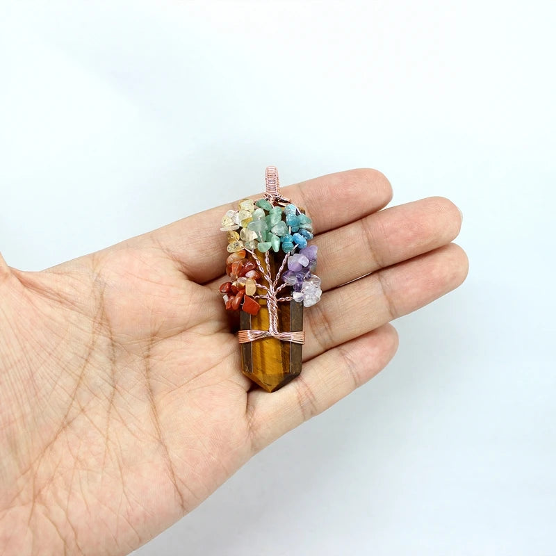 Natural Stone Pendant 7 Chakras Tree Of Life Wire Wrap Sword Crystal Quartz For Jewelry Making Men Women Necklace Accessories