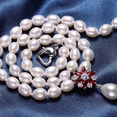 Beautiful Red Flower 925 Sterling Silver Pearl Necklace,White/Pink/Purple Natural Freshwater Pearl,Fine Jewelry Women Necklace