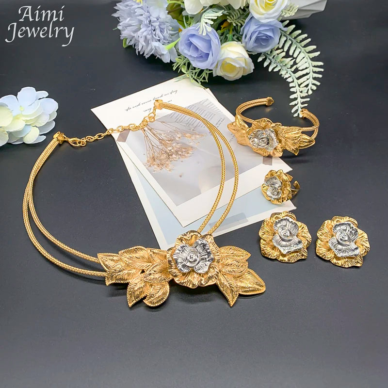 Vintage Flower Golden Choker 18K Gold Plated Jewelry Set Women Necklace Earring Bracelet Ring African Bridal Wedding Party Gifts
