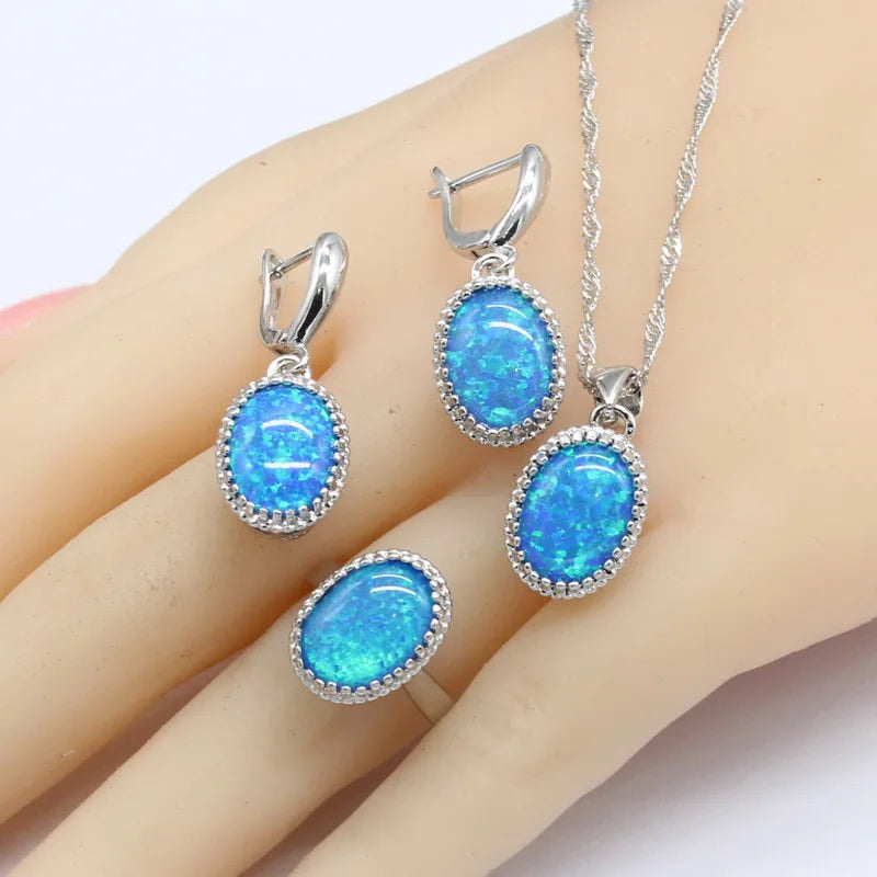Silver 925 Oval Australia Blue Opal Jewelry Sets For Women Necklace Pendant Earrings Rings Bracelets