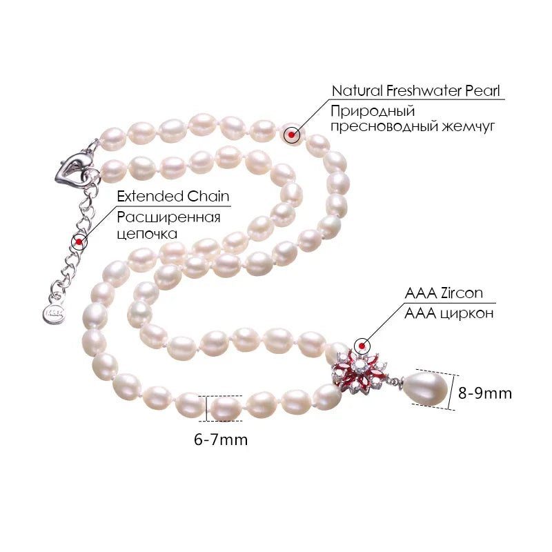 Beautiful Red Flower 925 Sterling Silver Pearl Necklace,White/Pink/Purple Natural Freshwater Pearl,Fine Jewelry Women Necklace