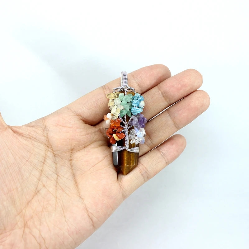 Natural Stone Pendant 7 Chakras Tree Of Life Wire Wrap Sword Crystal Quartz For Jewelry Making Men Women Necklace Accessories