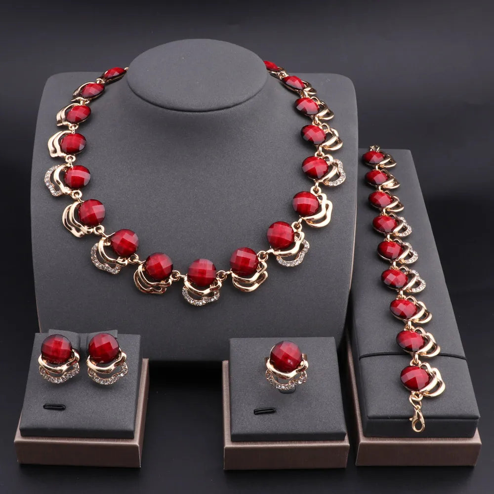 Gold Plated Jewelry Set Vintage Women Necklace Earrings Purple Resin Bracelet And Ring 2024 New Design
