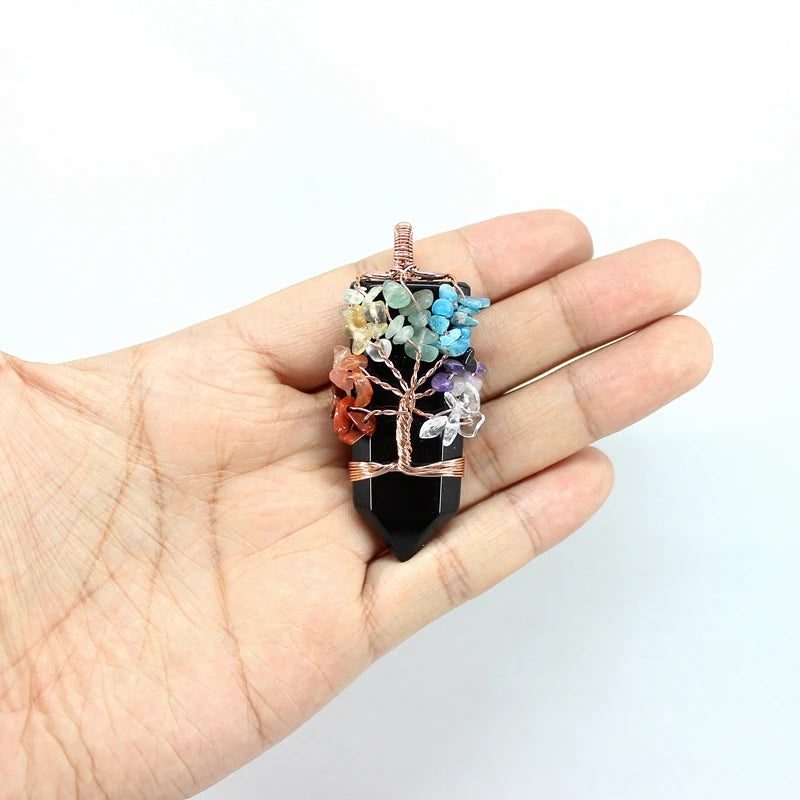 Natural Stone Pendant 7 Chakras Tree Of Life Wire Wrap Sword Crystal Quartz For Jewelry Making Men Women Necklace Accessories