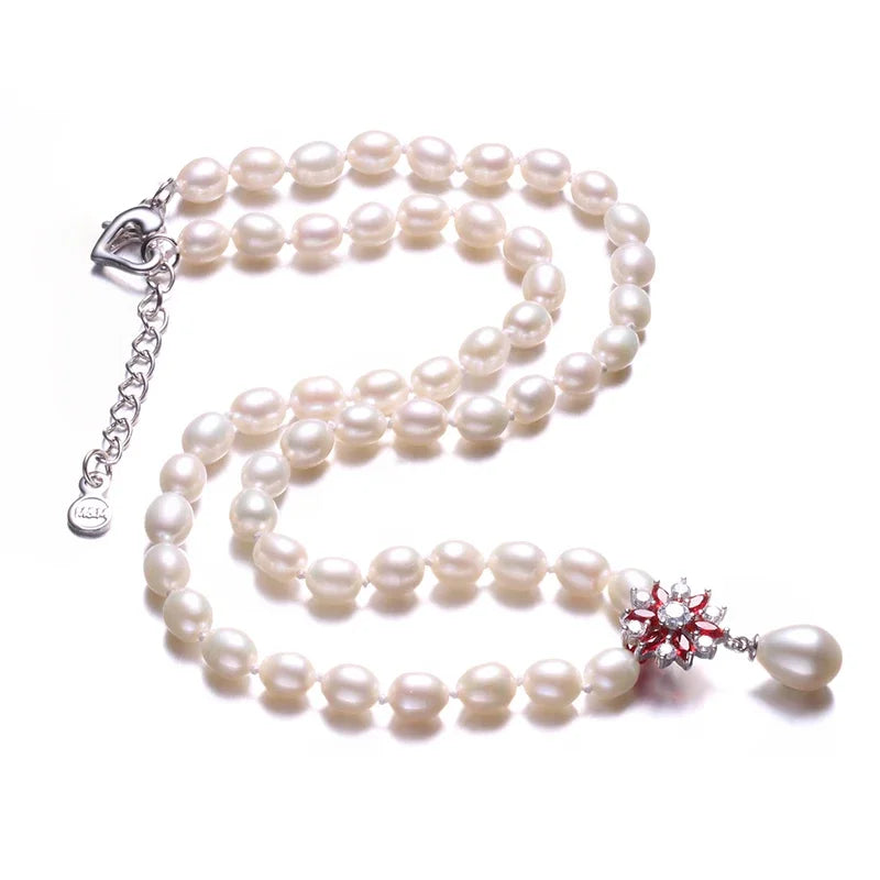 Beautiful Red Flower 925 Sterling Silver Pearl Necklace,White/Pink/Purple Natural Freshwater Pearl,Fine Jewelry Women Necklace