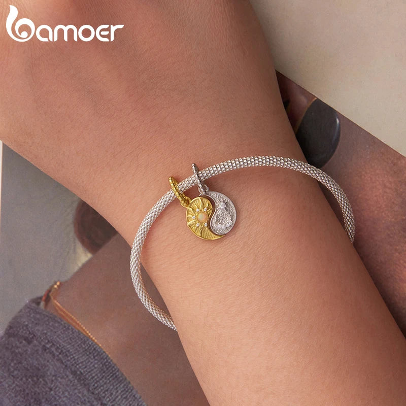 BAMOER 925 Sterling Silver Two-tone Pendant Detachable Taiji-Bagua Beads for Women Necklace DIY Guarding Jewelry Accessories
