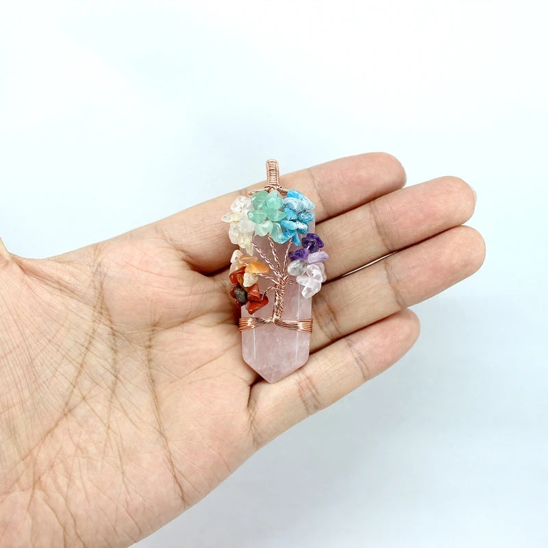 Natural Stone Pendant 7 Chakras Tree Of Life Wire Wrap Sword Crystal Quartz For Jewelry Making Men Women Necklace Accessories