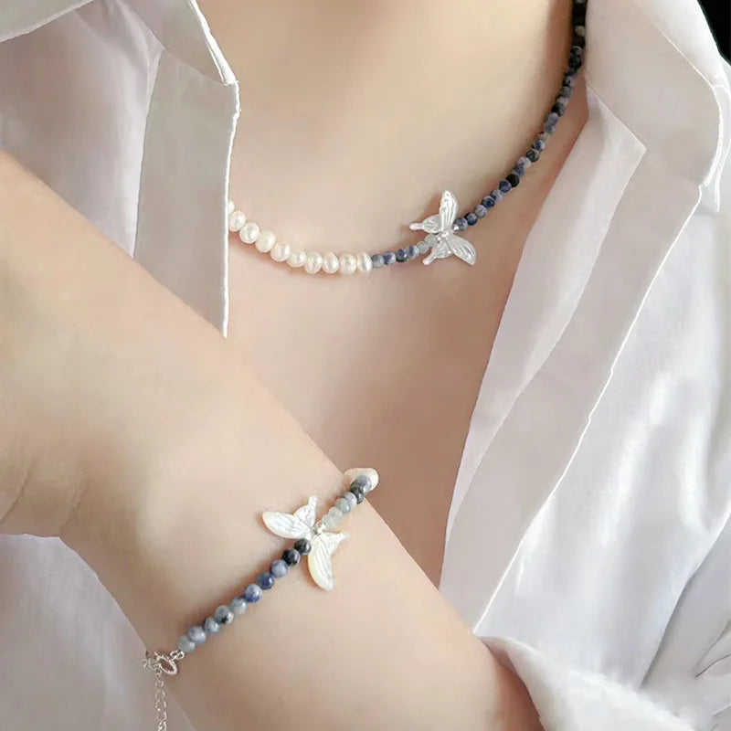 New Arrival Sweet Butterfly Natural Freshwater Pearl 925 Sterling Silver Female Jewelry Set For Women Necklace Bracelet Gifts