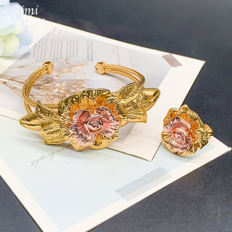 Vintage Flower Golden Choker 18K Gold Plated Jewelry Set Women Necklace Earring Bracelet Ring African Bridal Wedding Party Gifts