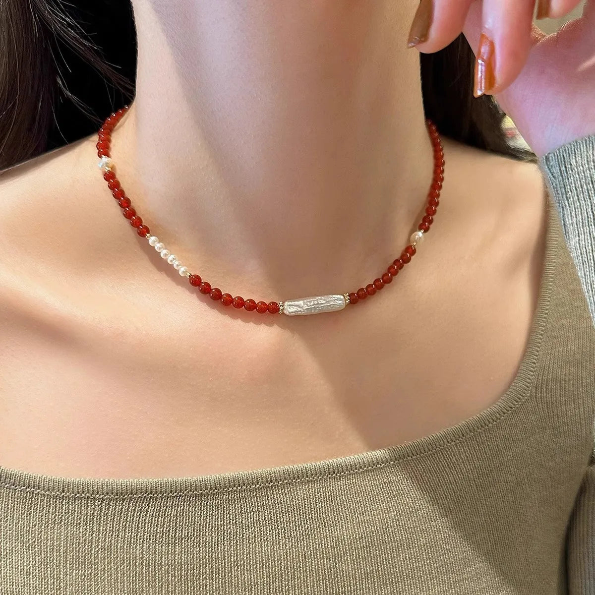 New Arrival Natural Freshwater Pearl & Red Agate 14K Gold Filled Female Jewelry Sets For Women Necklace Bracelet Birthday Gifts