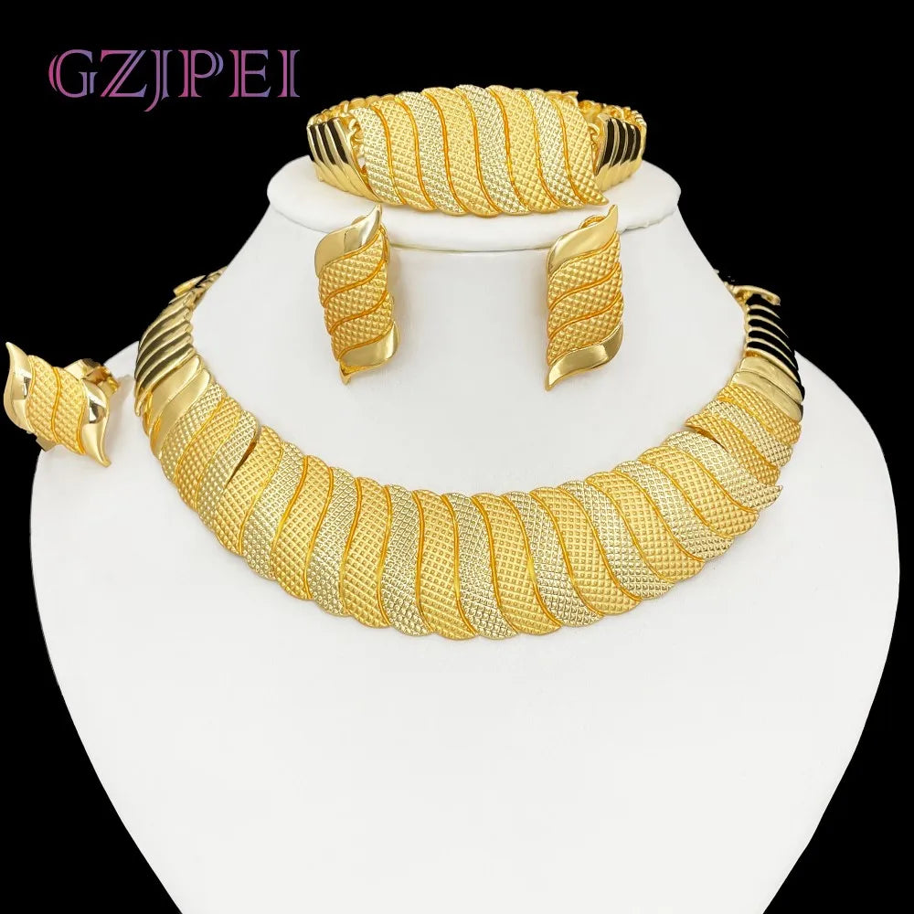GZJPEI Three Tone Jewelry Set Africal Dubai Women Necklace Wide Bracelet Earrings Ring For Bridal Wedding Jewellery Gifts