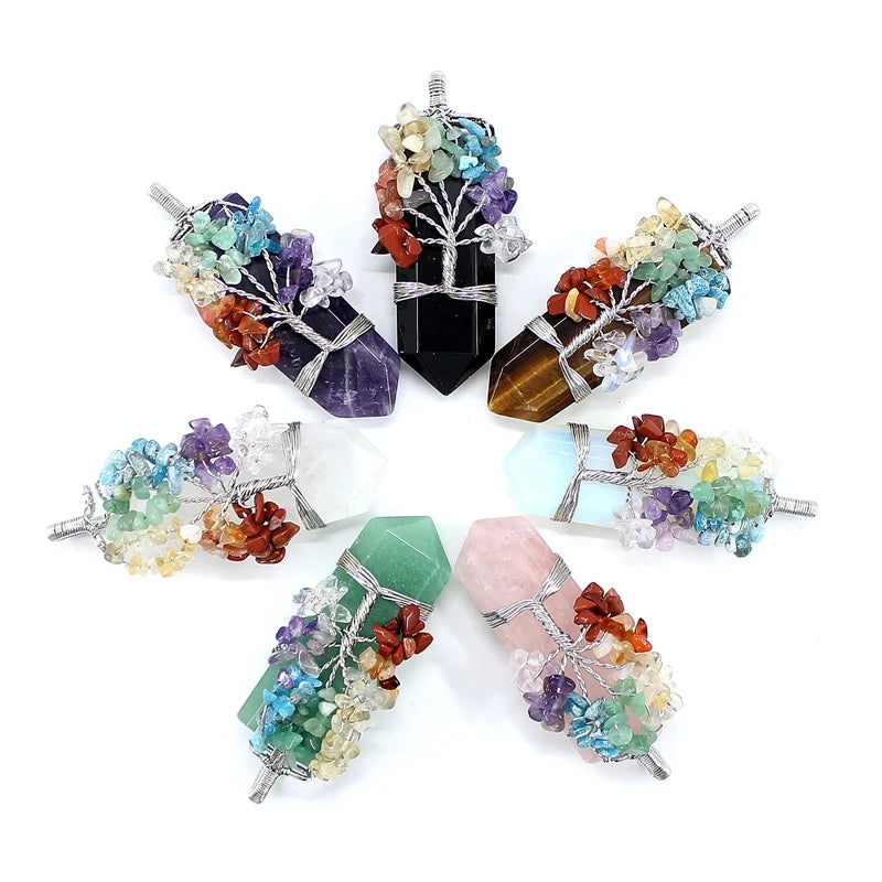 Natural Stone Pendant 7 Chakras Tree Of Life Wire Wrap Sword Crystal Quartz For Jewelry Making Men Women Necklace Accessories