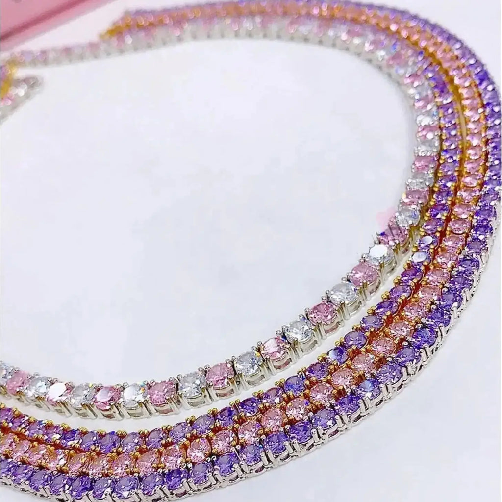 Pink Crystal 1 Row Tennis Chain Hip Hop Men Women Necklace Icd Out