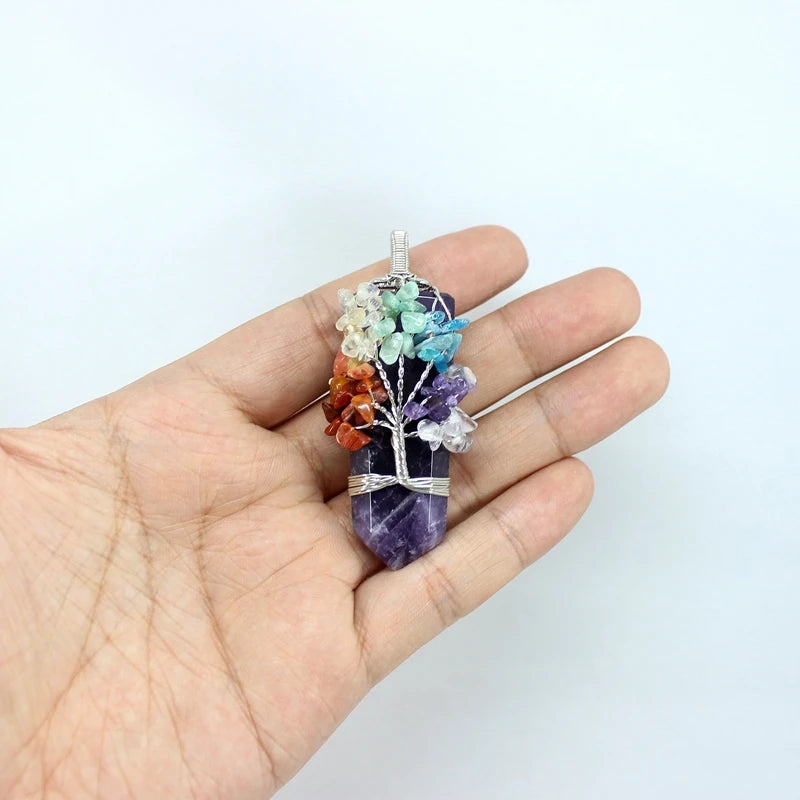 Natural Stone Pendant 7 Chakras Tree Of Life Wire Wrap Sword Crystal Quartz For Jewelry Making Men Women Necklace Accessories