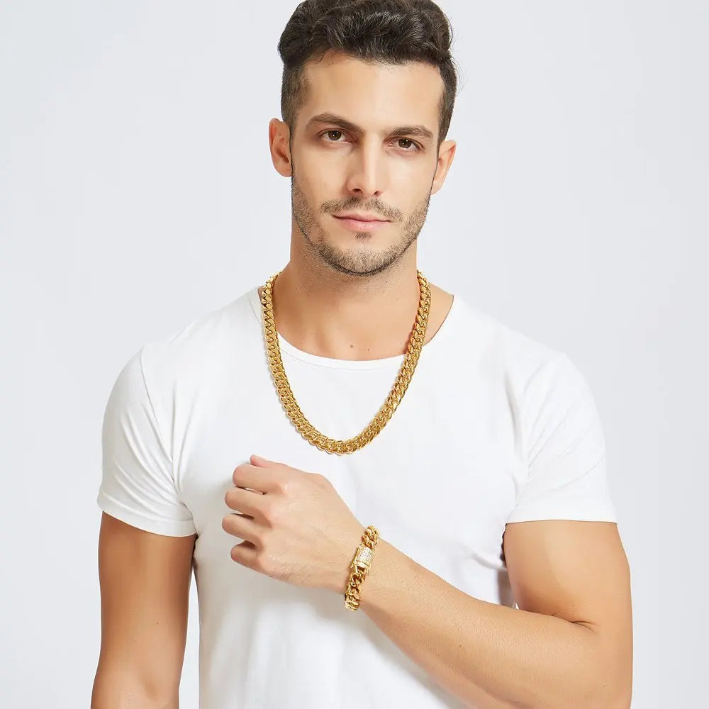 12mm Trendy Jewelry 316L Stainless Steel 18k Gold Plated Miami Cuban Curb Link Chain Men Women Necklace