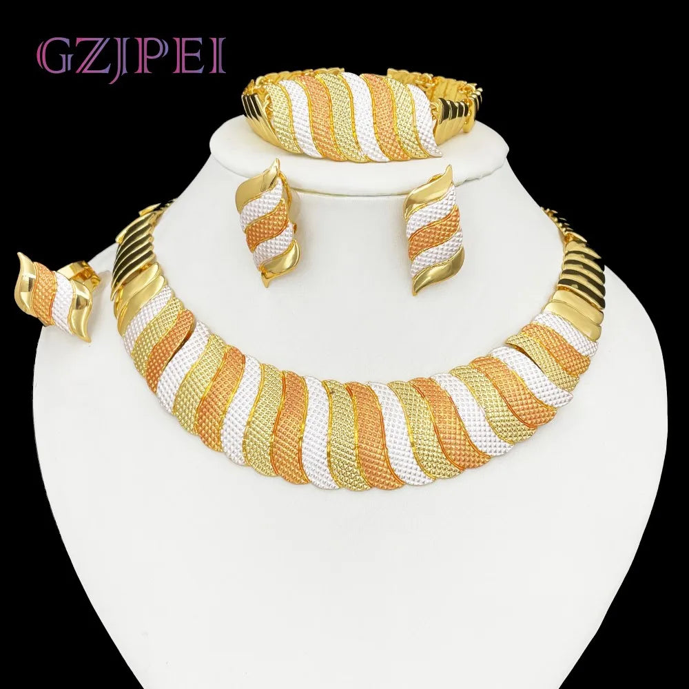 GZJPEI Three Tone Jewelry Set Africal Dubai Women Necklace Wide Bracelet Earrings Ring For Bridal Wedding Jewellery Gifts